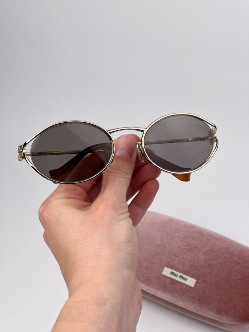 Miu Miu Women’s LOGO Sunglasses Pale Gold Dark Grey Oval MU52YS ZVN80Q NEW